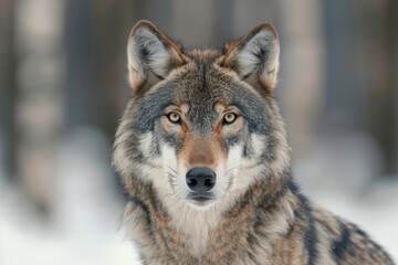 Obraz premium Close up portrait of Eurasian wolf in winter forest.