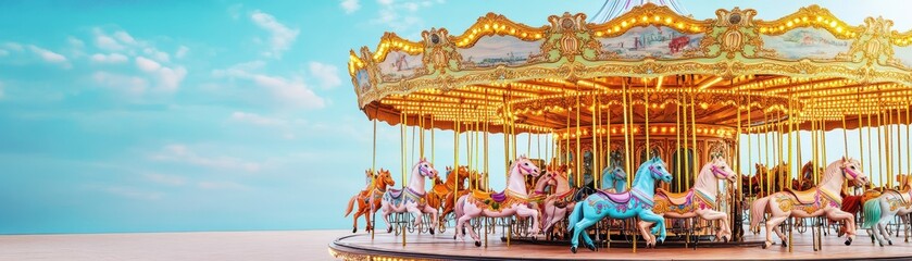 Fototapeta premium A vibrant carousel with beautifully crafted horses against a bright blue sky, capturing the joy of amusement parks.