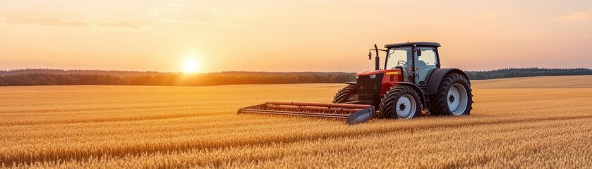 Obraz premium A vibrant sunset casts golden light over a field while a tractor harvests wheat, showcasing agricultural life and productivity.