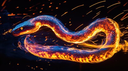 Fototapeta premium Ethereal Snake Made Entirely of Flowing Fire, Its Body Composed of Dancing Flames That Swirl as It Approaches the Camera, Radiating Intense Shades of Orange, Red, and Blue at the Hottest Points