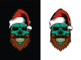 Skull with beard and mustache in Santa Claus hat. Original vector illustration in vintage style. T-shirt design.
