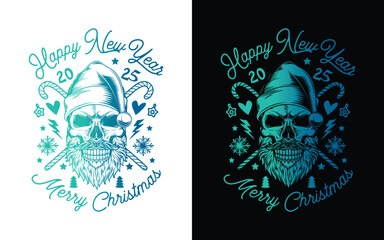 Skull with beard and mustache in Santa Claus hat. Christmas and New Year poster. Original vector illustration in vintage style. T-shirt design.