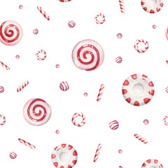 Square seamless pattern with peppermint candy, swirl candy - Christmas sweets. Watercolor hand painted festive candy on white background - design for gift wrapping paper and textile