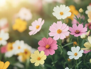 Fototapeta premium A vibrant field of colorful flowers showcasing delicate petals and sunny blooms, perfect for springtime inspiration.