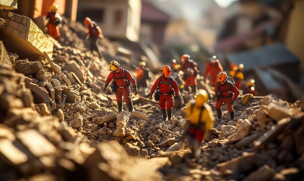Rescuers in red suits searching rubble.