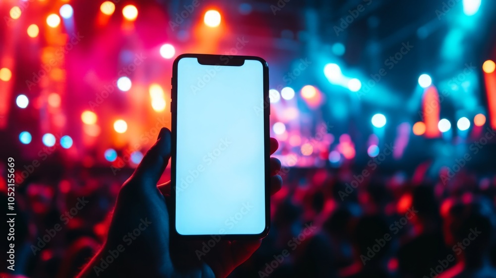 Poster a person holds a smartphone with a blank screen amidst a vibrant concert atmosphere filled with colo