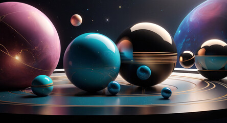 A modern, minimalist vector design featuring geometric shapes and patterns inspired by cosmic elements spheres as planets, with lines and curves symbolizing celestial bodies