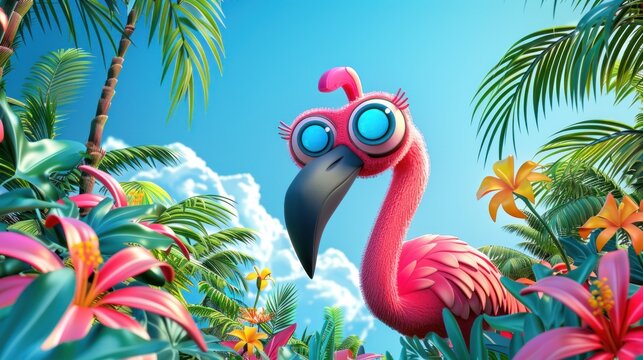 A cartoon pink flamingo with big eyes and a friendly expression, surrounded by tropical foliage and flowers, against a blue sky.