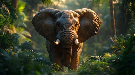 Fototapeta premium A large African elephant stands in a lush jungle, its trunk raised and its eyes focused on the viewer. The sunlight filters through the trees, creating a warm glow.