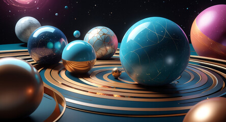 A modern, minimalist vector design featuring geometric shapes and patterns inspired by cosmic elements spheres as planets, with lines and curves symbolizing celestial bodies