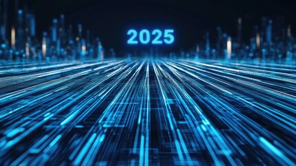 Fototapeta premium Holographic 2025 Floating Above Dark Background Composed of Glowing Blue Lines with Pulsing Energy and Futuristic High-Tech Aesthetic