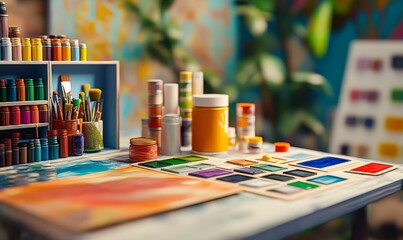 Art supplies, colorful paints, and brushes.