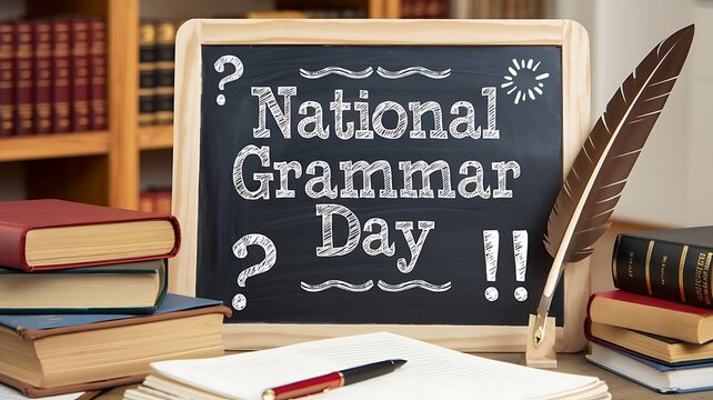 A Blackboard with "National Grammar Day" Written in Chalk, Surrounded by Books and a Quill Pen - Powered by Adobe