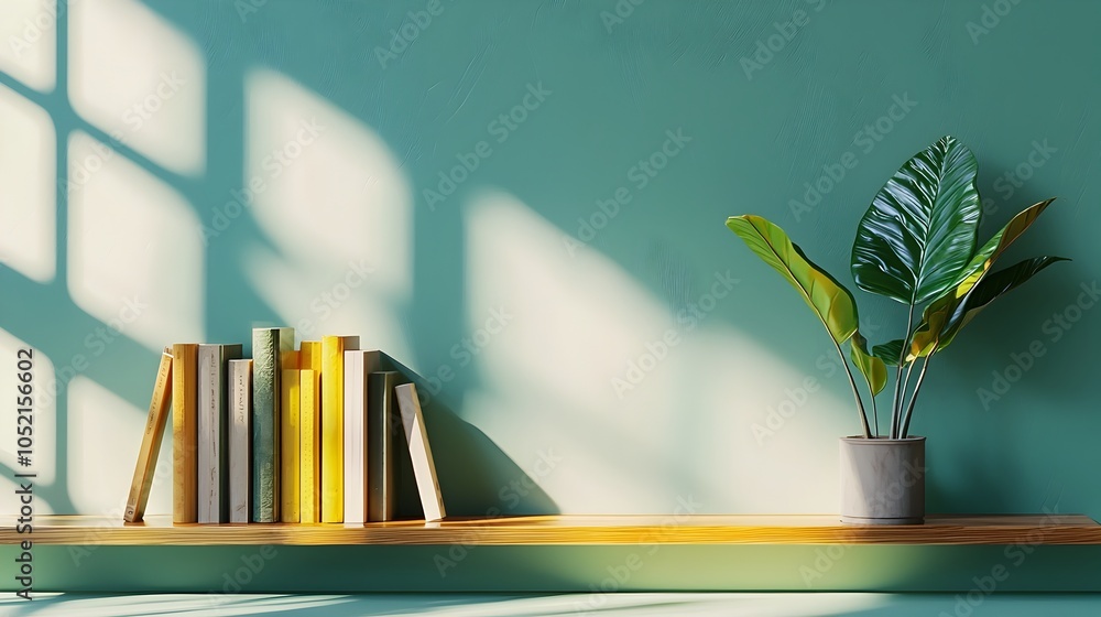 Poster a minimalist home library with a single bookshelf and carefully curated books