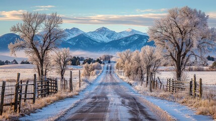 Snowy countryside road leading toward distant mountains lined with bare trees and fences coated in frost the open sky and soft morning light create a serene winter landscape full of quiet beauty