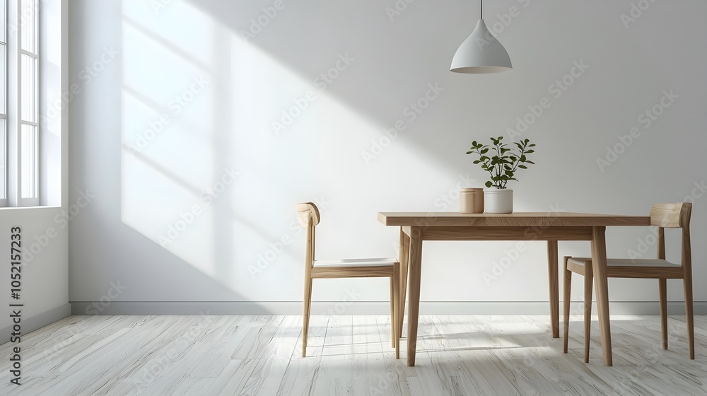 Poster minimalist dining room with simple wooden table and pendant light creating inviting and uncluttered 