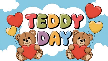 Obraz premium Two Teddy Bears Holding Hearts with Balloons in the Sky