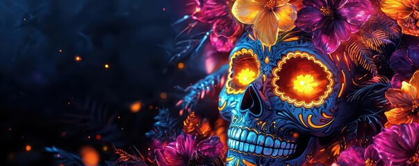 Fototapeta premium Vibrant sugar skull with neon yellow and magenta flowers, glowing dark background