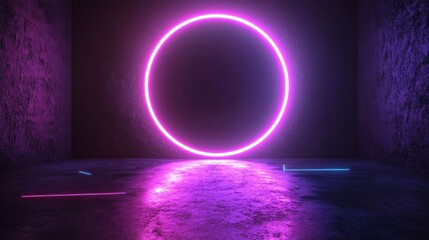 futuristic background with neon glowing round frame in the center of dark space