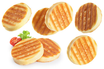Grilled cheese with cherry tomatoes and lettuce salad isolated on white background. Collection with clipping path.