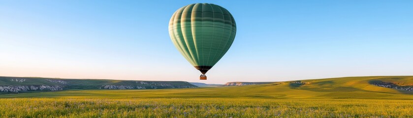 Fototapeta premium Colorful hot air balloon soaring above a serene landscape, perfect for travel, adventure, and outdoor activities.
