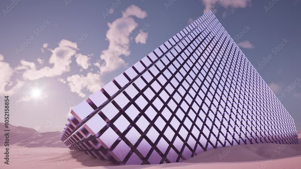 Poster an abstract geometric structure set within a surreal and dreamlike landscape environment. 3d render 