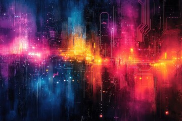 Obraz premium Abstract digital art with glowing neon lights and a futuristic cityscape.