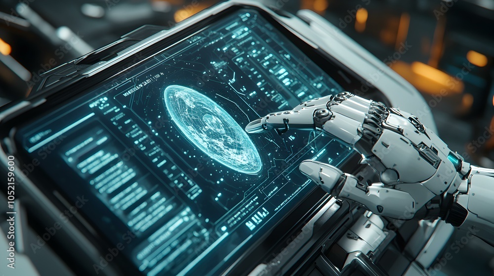 Poster robotic hand interacting with high-tech interface