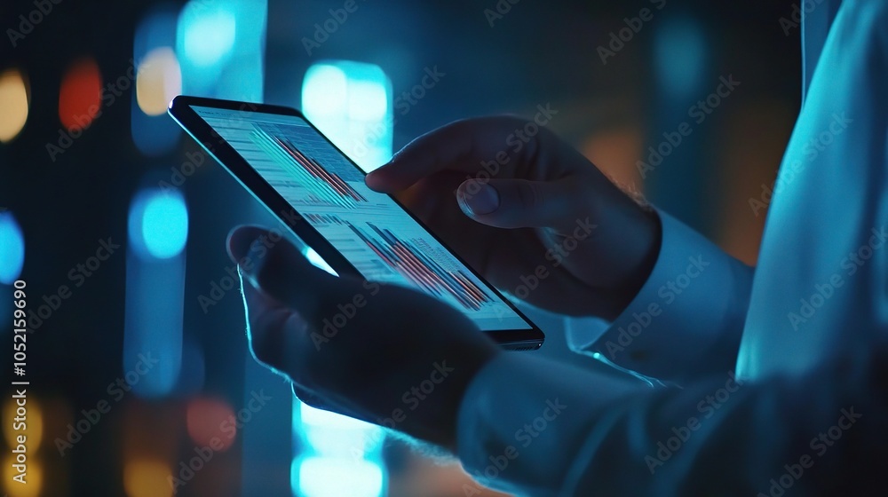 Poster hands holding tablet with data visualization screen