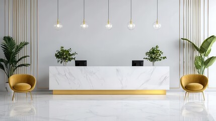 Highend hotel reception with white marble floors, goldaccented furniture, and a crystal chandelier, luxurious hotel reception, grand, elegant