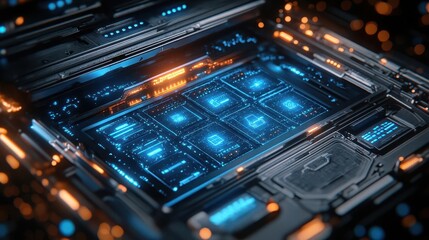 futuristic laptop showcasing a file drawer interface with digital data stores in blue hues, representing modern data management. the composition emphasizes sleek design and user-friendly functionality