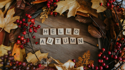 Beautiful autumn arrangement with dry yellow, orange and brown autumn leaves, branches and red berries forming wreath together. Words Hello Autumn are arranged from wooden blocks with separate letters