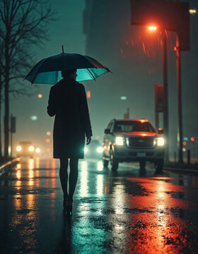 miasto, noc, miasto nocą, światła, parasol, deszcz, kobieta, spacer, auta