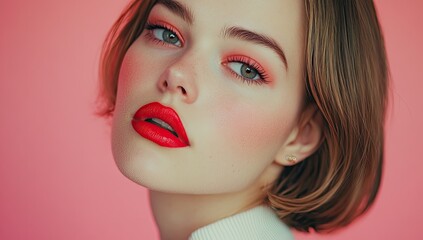Fototapeta premium A beautiful woman with bright pink lipstick and eye shadow, against a pastel background, showcasing her makeup look for Valentine's Day