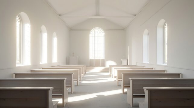 Puritan Church Interior, stark elegance in a minimalist design, featuring bare pews and bright whitewashed walls that promote focus and reflection in a serene atmosphere