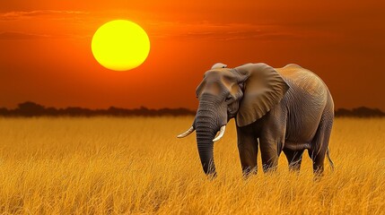 Obraz premium Elephant silhouetted against a setting sun in a grassy field