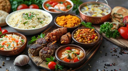 Obraz premium A table spread with a variety of international dishes, including rice, meat skewers, stews, and vegetables.