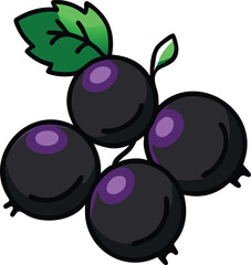 Illustration of blackcurrant berries with green leaf, Vector illustration of blackcurrant berries clustered together with a green leaf, showcasing a simple, minimalistic design. 
