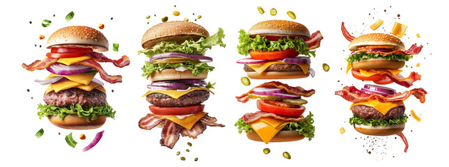 Set of flying, falling or floating Juicy hamburgers with splashing sauce and ingredients on transparent or png or white background. 