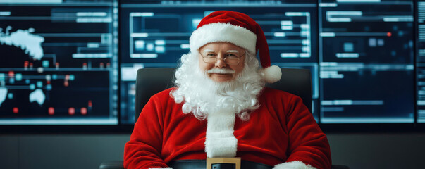 Santa Claus surrounded by hightech screens displaying global gift box routes, networking with international shipping partners, seamless holiday logistics