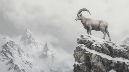 White Mountain Goat Perched on Snowy Cliff with Majestic Mountains