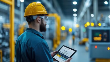 AIcontrolled factory with predictive maintenance alerts displayed on engineers tablets, predictive maintenance, AI factory automation
