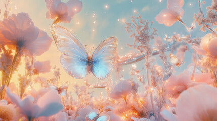 Dreamlike Pastel Garden with Enchanting Butterfly and Flowers