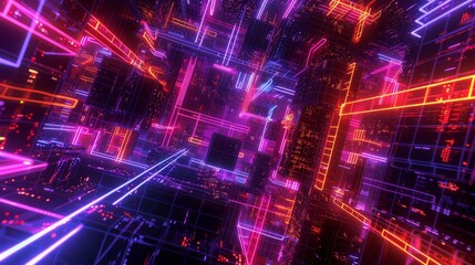 Neon lights pulse through an abstract digital network, crafting a virtual cyber space with a futuristic technology vibe.