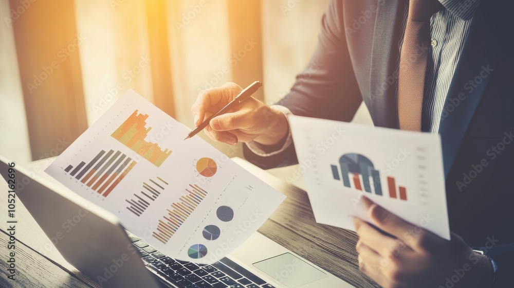 Poster a business professional analyzes data charts while using a laptop, highlighting insights for decisio