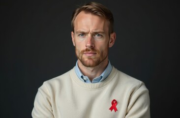 Fototapeta premium A Finnish man in a light sweater stares seriously at the camera, a small red ribbon on his chest symbolizing hope, care, and solidarity in the fight against AIDS.