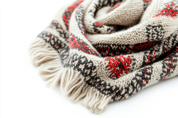 Obraz premium A knitted woolen scarf, cozy winter clothing, intricate patterns, isolated on white background --ar 3:2 --v 6.1 Job ID: ddfe770f-f68b-4329-80e5-301ee1b8aca2