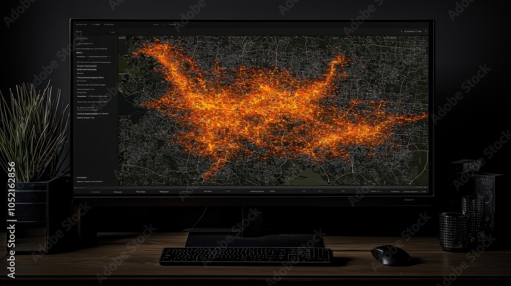 Poster a digital map displaying orange heatmaps against a dark background, indicating data concentrations a