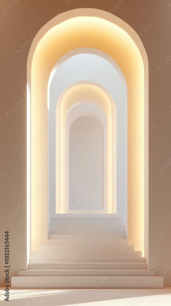Poster a serene hallway featuring multiple illuminated arches leading to a bright, open space, creating a s