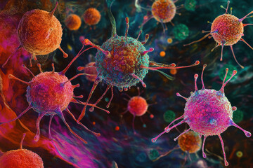 A vibrant, abstract depiction of colorful viruses with intricate details, set against a dark, cosmic background.